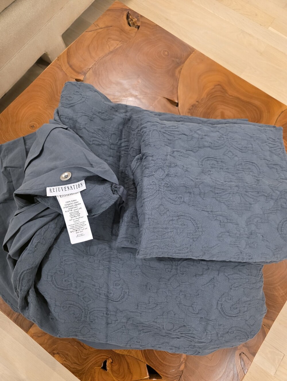 Rejuvination Jacquard Slate Blue Textured 100% Cotton Quilt Set Full Queen